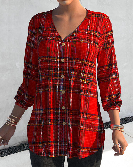 Plaid V-Neck Button-Down Blouse