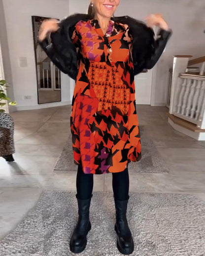 Printed V-Neck Long Sleeve Dress