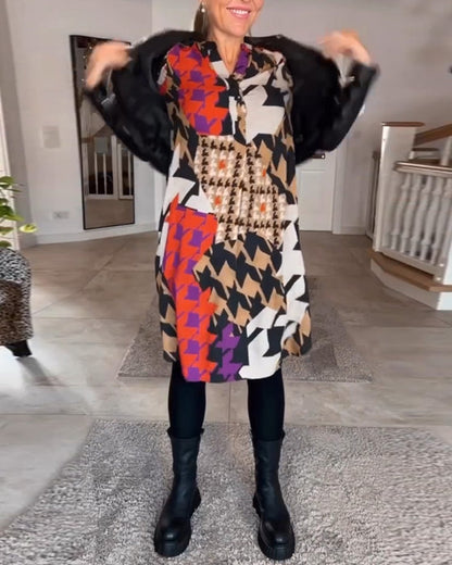 Printed V-Neck Long Sleeve Dress